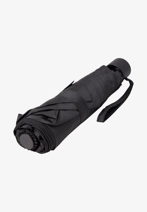 Parapluie noir compact, enroulé serré avec une texture satinée lisse. Dispose d'une poignée circulaire et d'une sangle pour un transport facile.