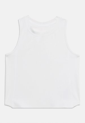 Débardeur blanc sans manches avec un col rond et un petit logo brodé discret près de l'ourlet inférieur.