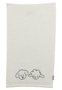 Cream-colored towel with plush texture, featuring embroidered dog and sheep faces at the bottom, bordered with a simple woven trim.