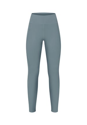 Leggings met hoge taille in een gedempte blauwgrijze kleur, gemaakt van een rekbare, gladde stof met zijzakken en een aansluitend ontwerp.