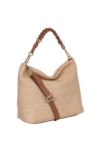 Sac à main tissé beige avec une finition texturée, doté d'une poignée tressée marron et d'une bandoulière ajustable. Accents de quincaillerie dorée.