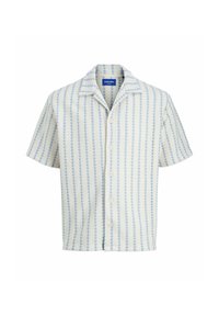 Chemise à manches courtes avec un motif rayé bleu clair et blanc, dotée d'un col et d'une fermeture à boutons. Le tissu texturé ajoute un intérêt visuel.