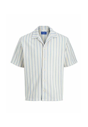 Short-sleeve shirt with a light blue and white striped pattern, featuring a collar and button closure. Textured fabric adds visual interest.
