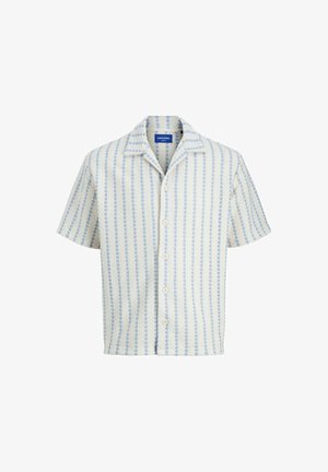 Short-sleeve shirt with a light blue and white striped pattern, featuring a collar and button closure. Textured fabric adds visual interest.