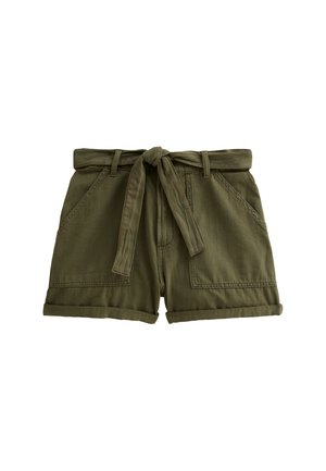 Olijf groene shorts van lichtgewicht stof. Kenmerkt een ceintuur taille, twee front pockets en opgerolde zoom voor een relaxed fit.