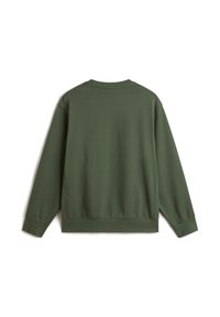 Felpa verde in cotone con maniche lunghe, collo tondo e vestibilità rilassata. La texture liscia e i polsini a costine contribuiscono al comfort e allo stile.