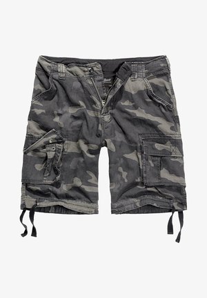 Kamuflázs cargo short, szürke és fekete árnyalatokban, több zsebbel, cipzáras felhúzóval és állítható oldalmegkötőkkel.