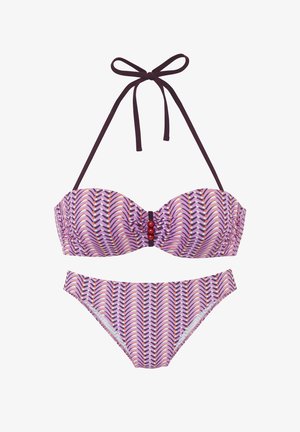 Braided bikini set with purple, pink, and black zigzag pattern. Halter top features a gathered front and a decorative bead accent at the center.