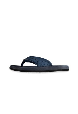 Chanclas de color azul marino con una parte superior suave, detalles perforados y una suela negra texturizada. Diseño ligero para mayor comodidad y transpirabilidad.