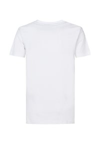 Camiseta de algodón blanca, de mangas cortas, cuello redondo, diseño sencillo, textura suave, sin patrones o gráficos visibles, vista desde la parte de atrás.