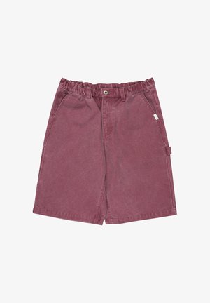 Staubige rosafarbene Shorts bis zum Knie mit elastischem Bund, Knopfleiste vorne, Gürtelschlaufen, Seitentaschen und einer kleinen Stoffschlaufe auf der rechten Seite.