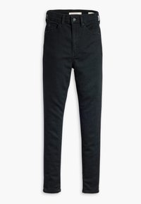 Jean skinny noir taille haute avec bouton et fermeture éclair à l'avant, style cinq poches et passants pour ceinture, présenté à plat sur un fond blanc.