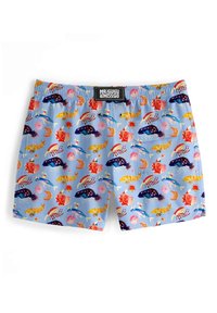 Shorts da bagno con base azzurro chiaro caratterizzati da un vivace motivo di pesci colorati e motivi di frutti di mare. Vita elasticizzata con patch del logo.