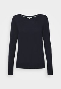 Námořnický modrý svetr vyrobený z měkké pleteniny, s kulatým výstřihem a dlouhými rukávy s přiléhavými manžetami. Jednoduchý, klasický design.