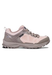 Leichte Wanderschuhe in sanftem Pink und Grau, mit einem Obermaterial aus Netzgewebe, einer strapazierfähigen Gummisohle und wasserdichten Details sowie griffigem Profil.