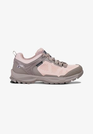 Lightweight hiking shoes in soft pink and gray, featuring a mesh upper, durable rubber sole, and waterproof detailing with grip-enhancing tread.