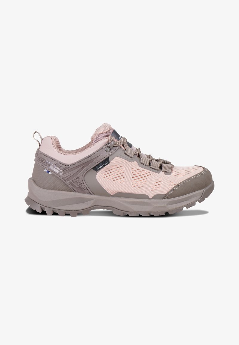 Leichte Wanderschuhe in sanftem Pink und Grau, mit einem Obermaterial aus Netzgewebe, einer strapazierfähigen Gummisohle und wasserdichten Details sowie griffigem Profil.