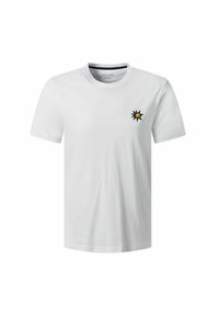 Weißes Baumwoll-T-Shirt mit kurzen Ärmeln und rundem Halsausschnitt, das ein schwarzes und gelbes gesticktes Sternenmotiv auf der linken Brust zeigt.