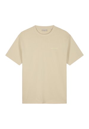 Beige cotton T-shirt with short sleeves and a round neckline. Features a small, tonal "HANG ELEVEN" logo on the upper left front.