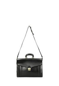 Czarna skórzana teczka z górnym uchwytem, regulowanym paskiem na ramię oraz złotym zatrzaskiem z przodu.