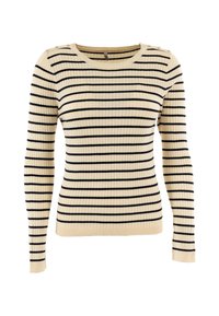 Maglione a coste color crema con righe navy. Collo rotondo e maniche lunghe. Presenta bottoni sulle spalle e un design aderente.