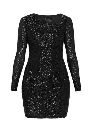 Rochie neagră cu mâneci lungi, acoperită cu paiete, având croială tip bodycon, decolteu rotund și drapaje laterale pentru textură și formă.