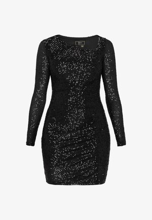 Sort kjole med lange ærmer dækket af pailletter, med en kropsnær pasform, rund halsudskæring og rynker på siderne for struktur og form.