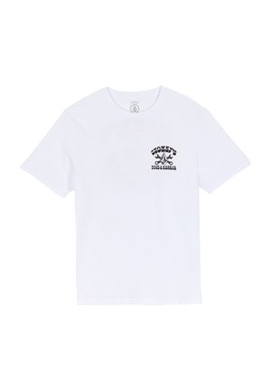 Hvid bomulds t-shirt med et sort grafisk print på venstre bryst. Korte ærmer og rund hals, afslappet pasform.