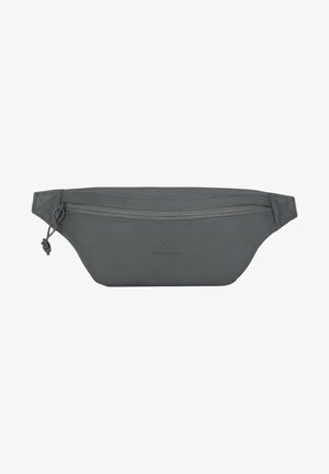 Riñonera de cuero gris oscuro con cremallera frontal y correa ajustable, con el logo de la marca sutilmente grabado en relieve en el centro delantero.