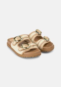 Beige slipper sandalen met gevlochten banden en gouden gespen. Dikke rubberen zool met een geprofileerde grip, met een dubbelbandontwerp en een ronde neus.