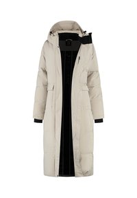 Lichtbeige lange pufferjas met een capuchon, voorzien van een rits aan de voorkant, twee zijzakken en zwarte accenten op de mouwen en aan de binnenkant.