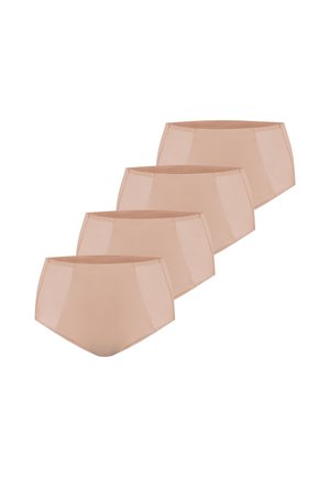 Cuatro bragas beige de cintura alta para mujer con paneles laterales de encaje, dispuestas en línea diagonal sobre un fondo blanco.