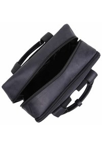 Borsa in pelle nera con doppia zip, superficie texturizzata, manici doppi e un compartimento aperto che mette in mostra lo spazio interno.