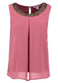 Rosa ärmlös topp i lättviktigt material med en nyckelhålsöppning bak. Har en rund halsringning prydd med svarta pärlor och sömnad.