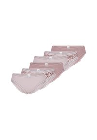 Pak van vijf damesonderbroeken in verschillende tinten roze. Bevat kantafwerking en één paar met een luipaardprintaccent. Zacht, rekbaar materiaal.