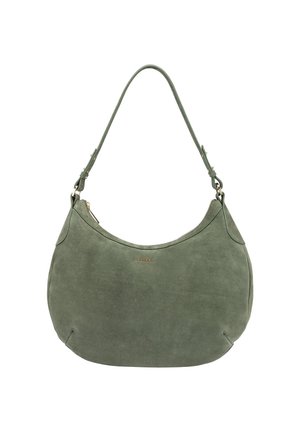 Grüne Wildleder-Schultertasche mit einem verstellbaren Tragegurt und einem Reißverschluss in goldfarbener Ausführung, mit kleinem goldfarbenem Markenlogo nahe der oberen Mitte.