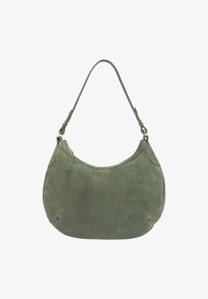 Green suede shoulder bag with single adjustable strap and gold-tone zipper, featuring small gold brand logo near top center.