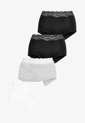 Set of four pairs of women's brief underwear: black, gray, and white, featuring lace trim at the waistband in a cotton blend material.