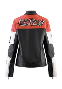 Black leather jacket with red and white accents. Features embroidered "Ed Hardy 1971" on the back, zippered sleeves, and round textured patches.