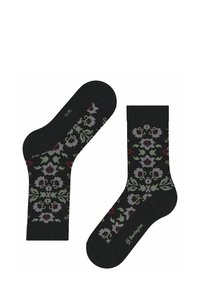 Czarne skarpetki z kwiatowym wzorem w odcieniach szarości, zieleni i czerwieni. Żebrowany mankiet, usztywniony nosek oraz detal z logo w pobliżu pięty.