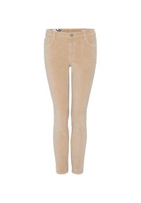 Beige Corduroy-Skinny-Jeans mit fünf Taschen, vorderem Knopfverschluss und subtiler Rippstruktur. Glatte Oberfläche, körperbetonte Silhouette.
