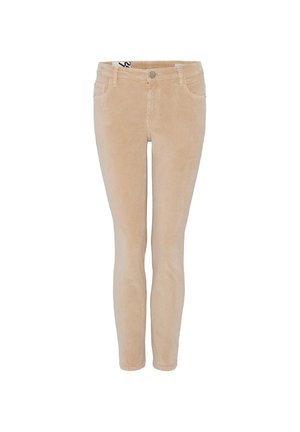 Beige corduroy skinny jeans met vijf zakken, een knoopsluiting aan de voorkant en subtiele geribbelde textuur. Glad oppervlak, aansluitende pasvorm.