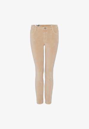 Beige Corduroy-Skinny-Jeans mit fünf Taschen, vorderem Knopfverschluss und subtiler Rippstruktur. Glatte Oberfläche, körperbetonte Silhouette.