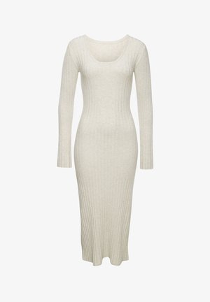 Langärmliges, geripptes Kleid in hellem Beige, mit runder Ausschnitt, figurnaher Form und weichem, strukturiertem Stoff. Knielange mit subtilen Details.