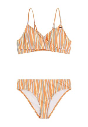 Pomarańczowy bikini w paski z biustonoszem na trójkątnych miseczkach i dopasowanymi majtkami z niskim stanem. Charakteryzuje się pionowymi paskami w kolorach pomarańczowym, niebieskim i kremowym.
