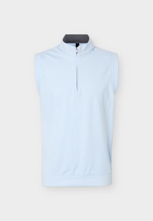 Polo sans manches bleu clair avec une courte fermeture éclair à l'avant et un col montant, présenté sur un fond uni.