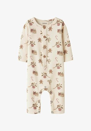 Kremo spalvos kūdikio kombinezonas su ilgomis rankovėmis, papuoštas pasikartojančia meduolių, dovanų ir saldainių spauda. Medinis mygtuko uždarymas priekyje.