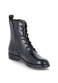 Stivali in pelle nera alla caviglia con lacci frontali, zip laterale, punta arrotondata e suola testurizzata per una migliore aderenza.