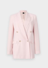 Světle růžový dvouřadový blazer z hladké látky, s knoflíky ve zlatém tónu, klopami a dvěma předními kapsami.