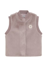 Kamizelka bez rękawów z sztucznego futra w delikatnym odcieniu lawendy, z prążkowanym kołnierzem i zapięciem na guziki, z ozdobnym naszywkiem z przodu.